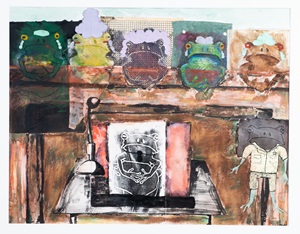 Froggy court [art original] / Abbi Pomeroy. ©2022. Media: watercolors, India ink, chalk pastel, conte ; 30 inches x 22.5 inches (27 inches x 32 inches, framed).