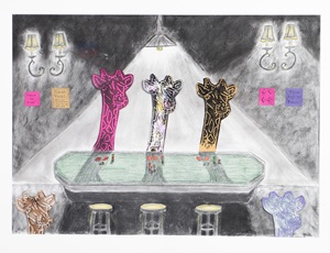 Poker night [art original] / Nathan Christianson. ©2022. media: charcoal, graphite, India ink, Prismacolor ; 22 inches x 30 inches (25 inches x 32 inches, framed).